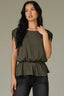 Pewter Green Extended Ruched Sleeve Round Neck Keyhole Back Back Center Seam Peplum Hem Woven Top