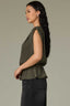 Pewter Green Extended Ruched Sleeve Round Neck Keyhole Back Back Center Seam Peplum Hem Woven Top