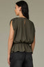 Pewter Green Extended Ruched Sleeve Round Neck Keyhole Back Back Center Seam Peplum Hem Woven Top