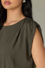 Pewter Green Extended Ruched Sleeve Round Neck Keyhole Back Back Center Seam Peplum Hem Woven Top