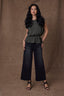 Pewter Green Extended Ruched Sleeve Round Neck Keyhole Back Back Center Seam Peplum Hem Woven Top
