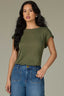 Celadon Extended Shoulder Cap Sleeve Crochet Detail Scoop Neck Back Center Die Cut Design Straight Slit Hem Knit Top