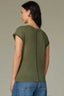 Celadon Extended Shoulder Cap Sleeve Crochet Detail Scoop Neck Back Center Die Cut Design Straight Slit Hem Knit Top