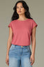 Coral Glow Extended Shoulder Cap Sleeve Crochet Detail Scoop Neck Back Center Die Cut Design Straight Slit Hem Knit Top