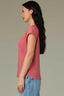 Coral Glow Extended Shoulder Cap Sleeve Crochet Detail Scoop Neck Back Center Die Cut Design Straight Slit Hem Knit Top