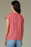 Coral Glow Extended Shoulder Cap Sleeve Crochet Detail Scoop Neck Back Center Die Cut Design Straight Slit Hem Knit Top