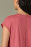 Coral Glow Extended Shoulder Cap Sleeve Crochet Detail Scoop Neck Back Center Die Cut Design Straight Slit Hem Knit Top