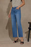 Light Blue Artisanal Denim Contour Shape Technology High Rise Slightly Arched Yoke Cropped Hem Barely Bootcut Jean