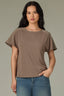 Oyster Mushroom Extended Shoulder Short Sleeve Panels Scoop Neck Back Half Zip Center Seam Straight Hem Mixed Media Knit Top
