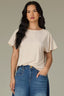 Pale Stone Extended Shoulder Short Sleeve Panels Scoop Neck Back Half Zip Center Seam Straight Hem Mixed Media Knit Top
