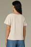 Pale Stone Extended Shoulder Short Sleeve Panels Scoop Neck Back Half Zip Center Seam Straight Hem Mixed Media Knit Top
