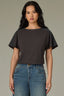 Vintage Black Extended Shoulder Short Sleeve Panels Scoop Neck Back Half Zip Center Seam Straight Hem Mixed Media Knit Top