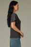 Vintage Black Extended Shoulder Short Sleeve Panels Scoop Neck Back Half Zip Center Seam Straight Hem Mixed Media Knit Top