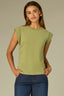 Moss Green Cuffed Extended Shoulder Cap Sleeve Scoop Neck Ruched Side Asymmetrical Hem Knit Top