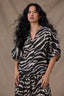 Charcoal Ecru Dolman Elbow Bubble Sleeve Split V-Neck Center Seam Straight Hem Zebra Print Woven Top