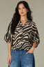 Charcoal Ecru Dolman Elbow Bubble Sleeve Split V-Neck Center Seam Straight Hem Zebra Print Woven Top