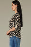 Charcoal Ecru Dolman Elbow Bubble Sleeve Split V-Neck Center Seam Straight Hem Zebra Print Woven Top