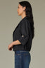 Black Long Button Roll Tab Sleeve Collar Neck Open Front Adjustable Cinched Back Hem Woven Jacket