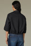Black Long Button Roll Tab Sleeve Collar Neck Open Front Adjustable Cinched Back Hem Woven Jacket