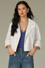 White Long Button Roll Tab Sleeve Collar Neck Open Front Adjustable Cinched Back Hem Woven Jacket
