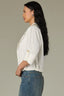 White Long Button Roll Tab Sleeve Collar Neck Open Front Adjustable Cinched Back Hem Woven Jacket
