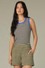 Black Cobalt Sleeveless Scoop Neck Metallic Stripe Print Straight Hem Ringer Knit Tank Top