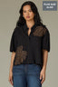 Black Drop Shoulder Elbow Bubble Bow Sleeve Collared Neck Back Pleat Button Down Front Patck Pocket Embroidered Plus Size Woven Top