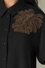 Black Drop Shoulder Elbow Bubble Bow Sleeve Collared Neck Back Pleat Button Down Front Patch Pocket Embroidered Plus Size Woven Top
