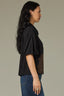 Black Drop Shoulder Elbow Bubble Bow Sleeve Collared Neck Back Pleat Button Down Front Patch Pocket Embroidered Plus Size Woven Top