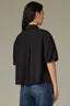 Black Drop Shoulder Elbow Bubble Bow Sleeve Collared Neck Back Pleat Button Down Front Patch Pocket Embroidered Plus Size Woven Top