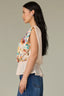 Pearl Dust Multi Ruched Extended Shoulder Sleeve Round Neck Keyhole Back Peplum Hem Floral Placement Print Woven Top