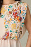 Pearl Dust Multi Ruched Extended Shoulder Sleeve Round Neck Keyhole Back Peplum Hem Floral Placement Print Petite Woven Top