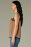 Butter Toffee Black Multi Sleeveless Round Neck Lace Yoke Contrast Piping Keyhole Back Round Hem Woven Tank Top