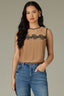Butter Toffee Black Multi Sleeveless Round Neck Lace Yoke Contrast Piping Keyhole Back Round Hem Woven Tank Top