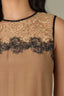 Butter Toffee Black Multi Sleeveless Round Neck Lace Yoke Contrast Piping Keyhole Back Round Hem Woven Tank Top