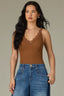 Pecan Sleeveless Double V-Neck Lace Straps Round Scallop Hem Knit Tank Top