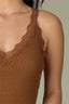 Pecan Sleeveless Double V-Neck Lace Straps Round Scallop Hem Knit Tank Top