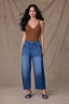 Blue Denim Contour Shape Technology High Rise V-Yoke V-Shaped Front Pockets Side Panels Petite Barrel Leg Jean

