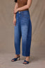 Blue Denim Contour Shape Technology High Rise V-Yoke V-Shaped Front Pockets Side Panels Petite Barrel Leg Jean
