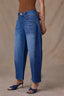 Blue Denim Contour Shape Technology High Rise V-Yoke V-Shaped Front Pockets Side Panels Barrel Leg Jean