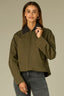 Forest Moss Long Drop Shoulder Buttoned Barrel Sleeve Contrast Collar Zip Front Side Entry Pockets Seaming Peplum Hem Adjustable Snap Woven Jacket