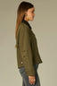 Forest Moss Long Drop Shoulder Buttoned Barrel Sleeve Contrast Collar Zip Front Side Entry Pockets Seaming Peplum Hem Adjustable Snap Woven Jacket