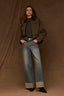 Forest Moss Long Drop Shoulder Buttoned Barrel Sleeve Contrast Collar Zip Front Side Entry Pockets Seaming Peplum Hem Adjustable Snap Petite Woven Jacket