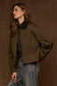 Forest Moss Long Drop Shoulder Buttoned Barrel Sleeve Contrast Collar Zip Front Side Entry Pockets Seaming Peplum Hem Adjustable Snap Woven Jacket