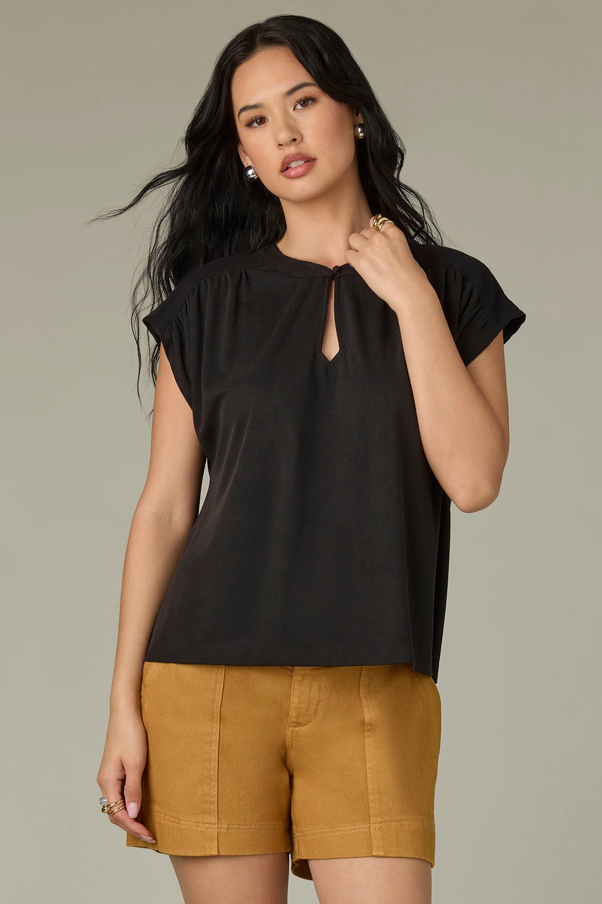 Extended Shoulder Cap Sleeve Mandarin Collar Mixed Media Knit Top