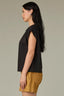 Black Extended Shoulder Cap Sleeve Mandarin Collar Keyhole Neck Pleated Shirttail Hem Mixed Media Knit Top
