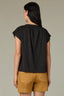 Black Extended Shoulder Cap Sleeve Mandarin Collar Keyhole Neck Pleated Shirttail Hem Mixed Media Knit Top