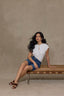 Mid Blue Denim Contour Shape Technology High Rise Slightly Arched Back Yoke Abstract Embroidered Back Pocket Relaxed Short