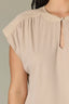 Warm Sand Extended Shoulder Cap Sleeve Mandarin Collar Keyhole Neck Pleated Shirttail Hem Mixed Media Knit Top