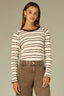 Ecru Black Long Raglan Sleeve Scoop Neck Striped Shirttail Hi-Low Hem Ringer Knit Top